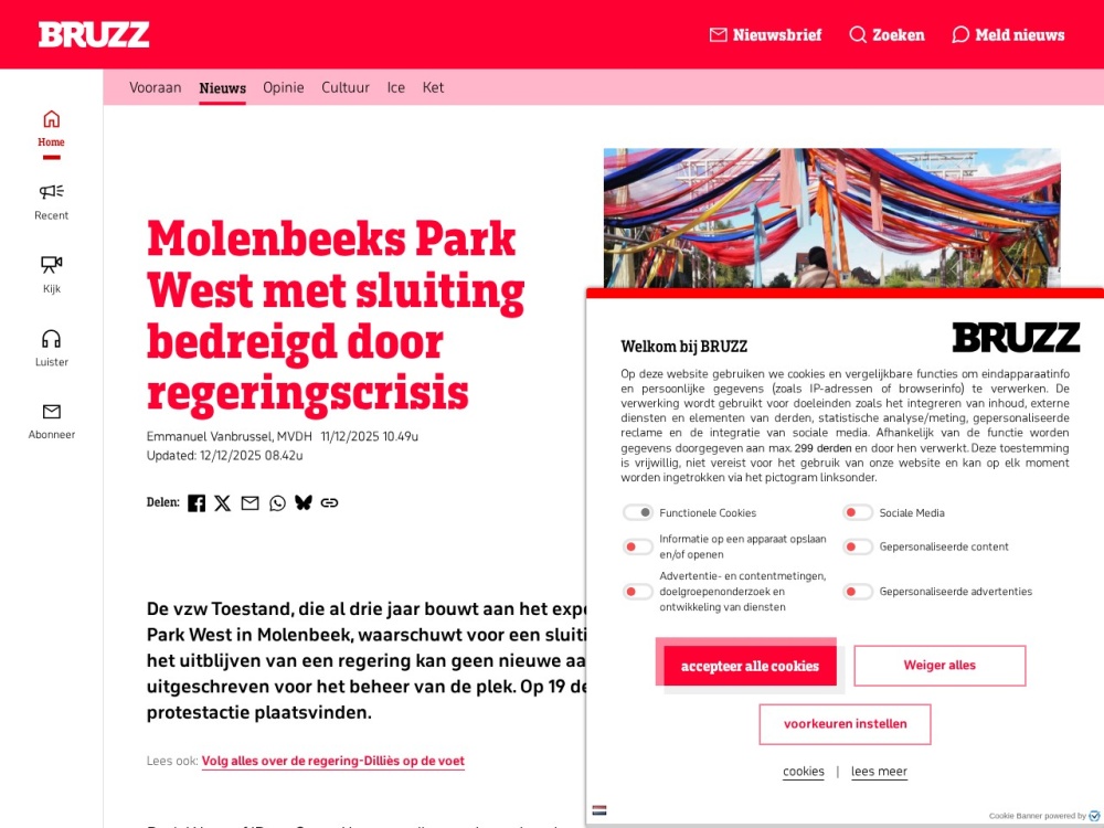 Screenshot van het artikel 'Park West bedreigd met sluiting' op Bruzz