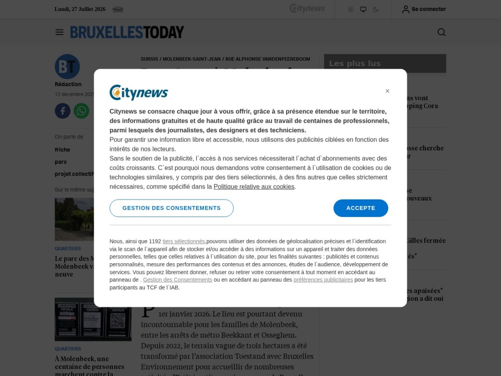 Screenshot van het artikel 'Parc Ouest menacé de fermeture' op Brussels Today