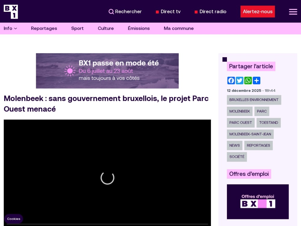 Screenshot van het artikel 'Parc Ouest menacé sans gouvernement' op BX1