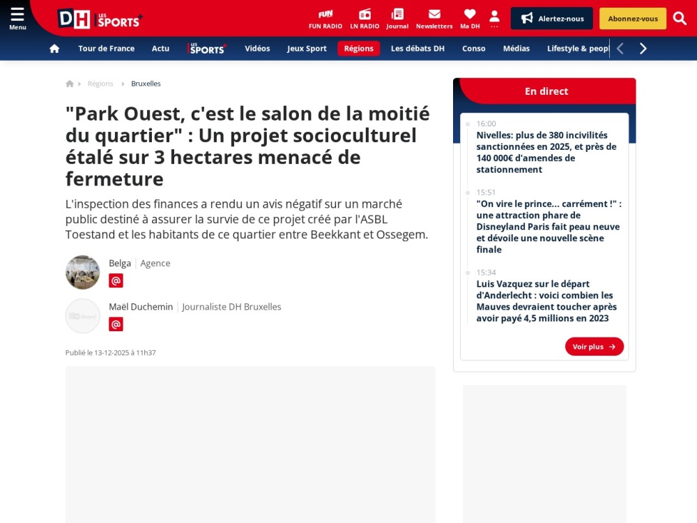 Screenshot van het artikel 'Le salon du quartier menacé' op DH