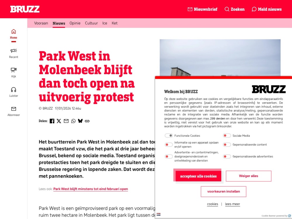 Screenshot van het artikel 'Molenbeek's Park West blijft open' op Bruzz