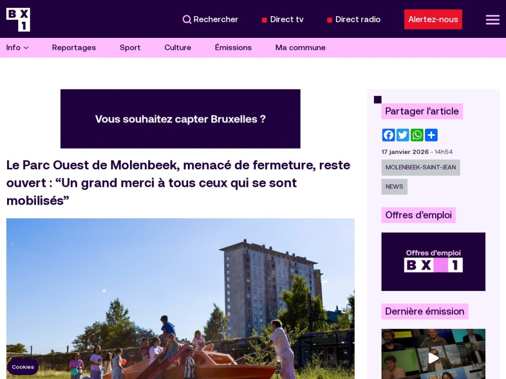 Screenshot van het artikel 'Parc Ouest reste ouvert finalement' op BX1