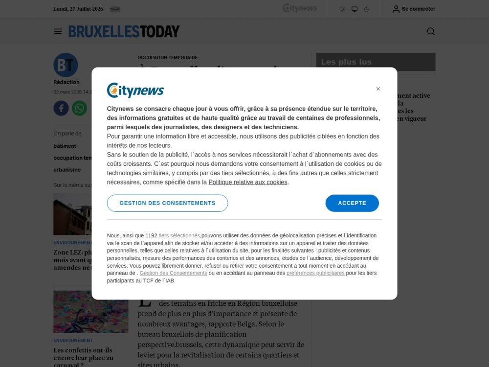 Screenshot van het artikel 'Occupation temporaire, nouvel outil urbain' op Brussels Today
