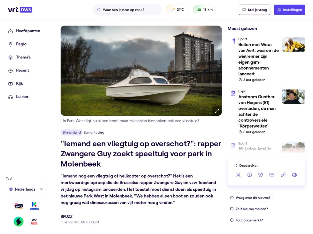 Screenshot van het artikel 'Zwangere Guy zoekt speelgoed park' op VRT NWS