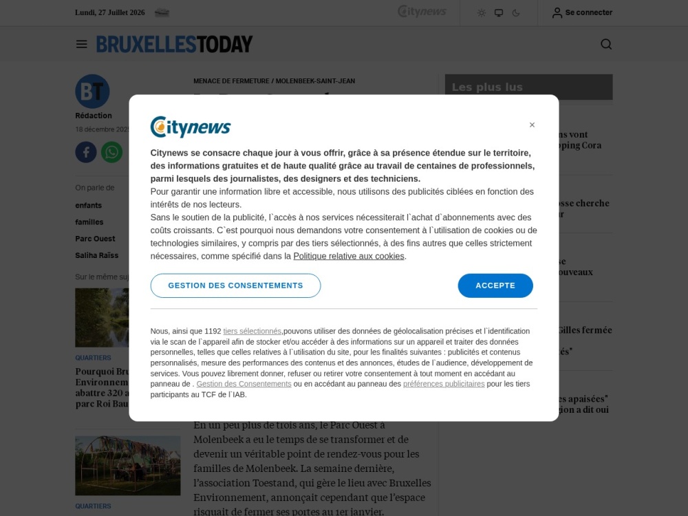 Screenshot van het artikel 'Park Ouest, Molenbeek, en sursis' op Bruxelles Today