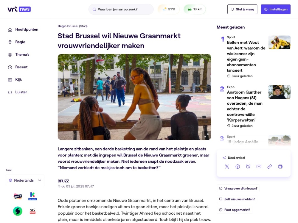 Screenshot van het artikel 'Nieuwe Graanmarkt wordt vrouwvriendelijker' op VRT