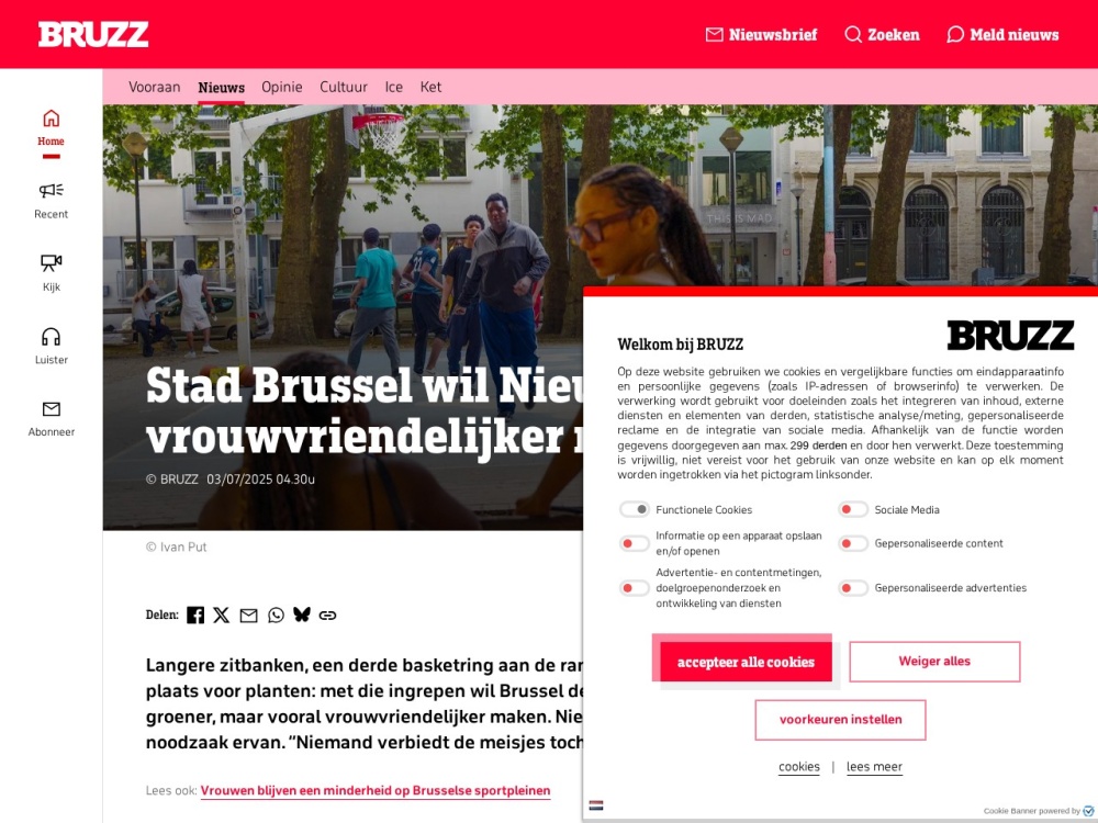 Screenshot van het artikel 'Nieuwe Graanmarkt wordt vrouwvriendelijker' op Bruzz