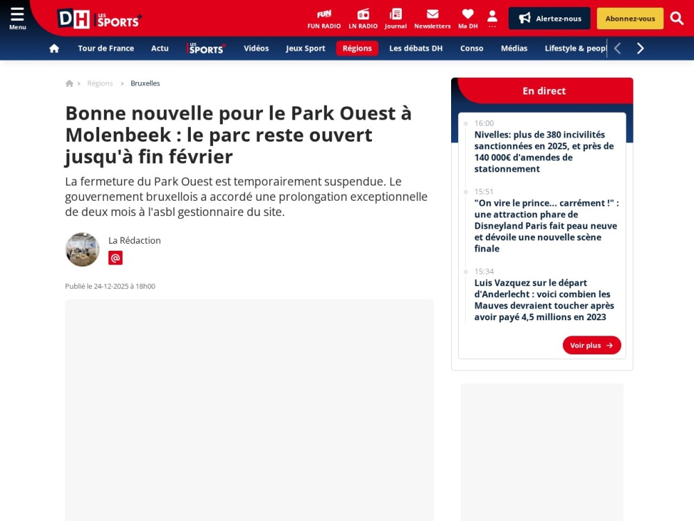 Screenshot van het artikel 'Park Ouest blijft open tot februari' op DH
